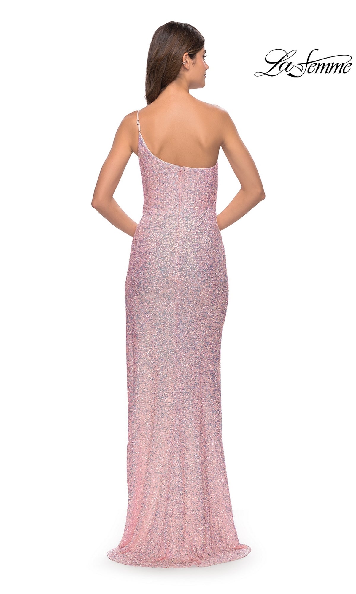 A woman is shown from the back wearing the One-Shoulder La Femme Sequin Prom Dress 31212, a floor-length, shimmering pink gown with a fitted silhouette and slight train for an elegant, stunning look.